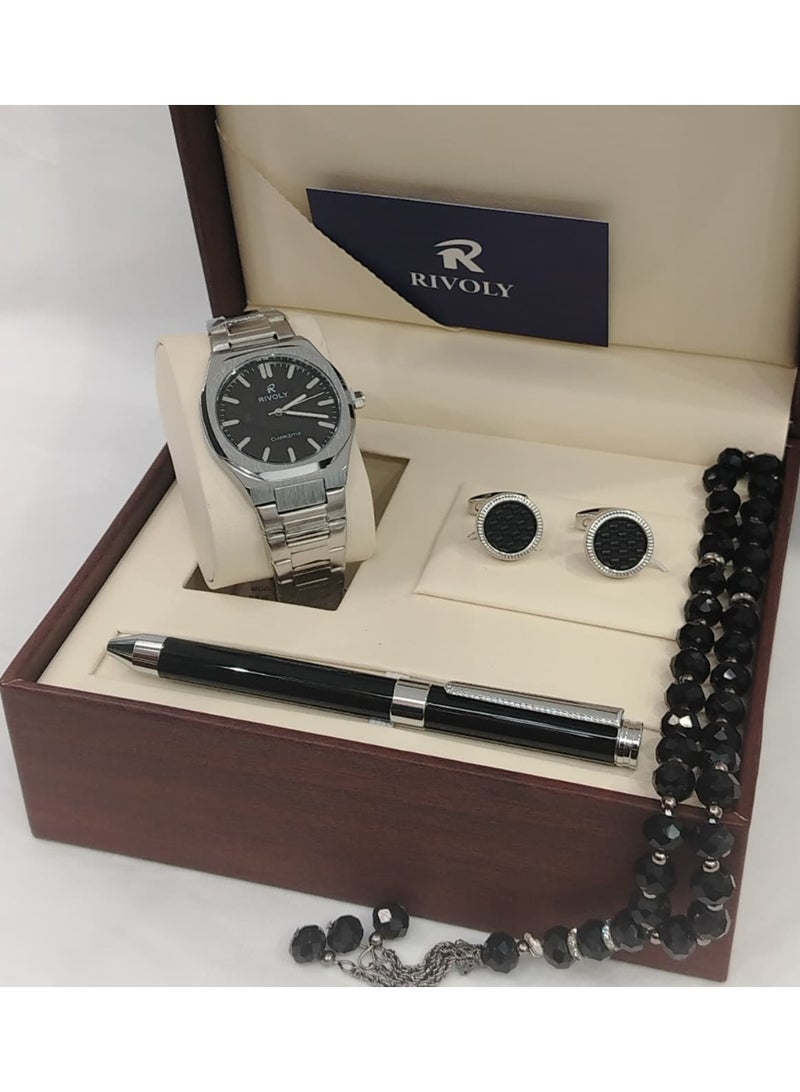 Rivoli Men's Gift Set includes a wristwatch, pen, cufflinks, and crystal rosary.