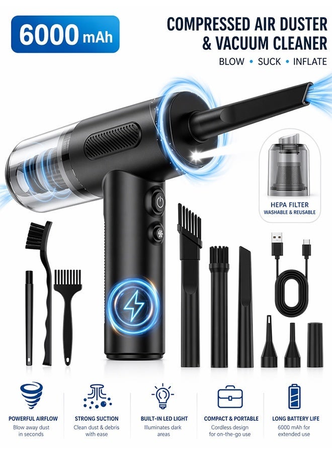 Bukela Compressed Air Duster and Vacuum,Handheld Car Vacuum/Air Blower& Pump, 3 Gear Adjustable Electric Air Duster/Car Vacuum Cleaner, Keyboard Duster with LED Light-10 Kits Air Blower for Computer - Image 1