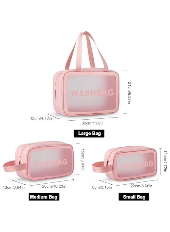 HOOKOR Clear Toiletry Bag Set for Women Men, Translucent Waterproof Travel Makeup Bag with Handle, Large Capacity Sturdy & Leak Resistant Cosmetic Bag Pouch for Traveling,3PACK (Pink) - Image 2