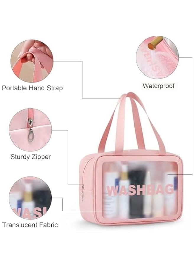 HOOKOR Clear Toiletry Bag Set for Women Men, Translucent Waterproof Travel Makeup Bag with Handle, Large Capacity Sturdy & Leak Resistant Cosmetic Bag Pouch for Traveling,3PACK (Pink) - Image 3