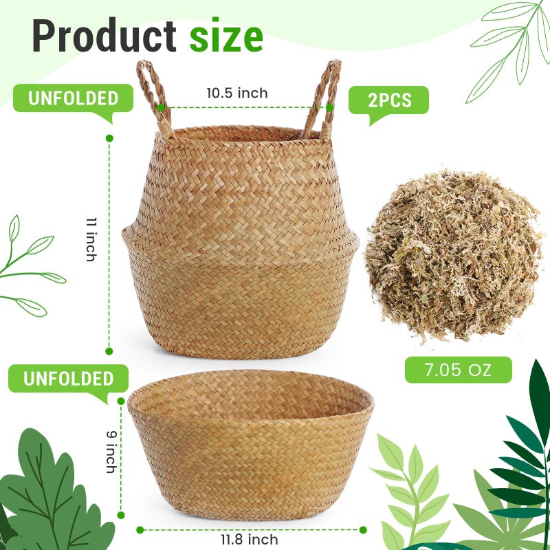 Knitgrip Large Wicker Plant Basket with Handle 10 Inch Woven Seagrass Belly Basket and Artificial Moss for House Plants Picnic Grocery Laundry Storage Home Decor(Large,Original,2 Pack) - Image 2