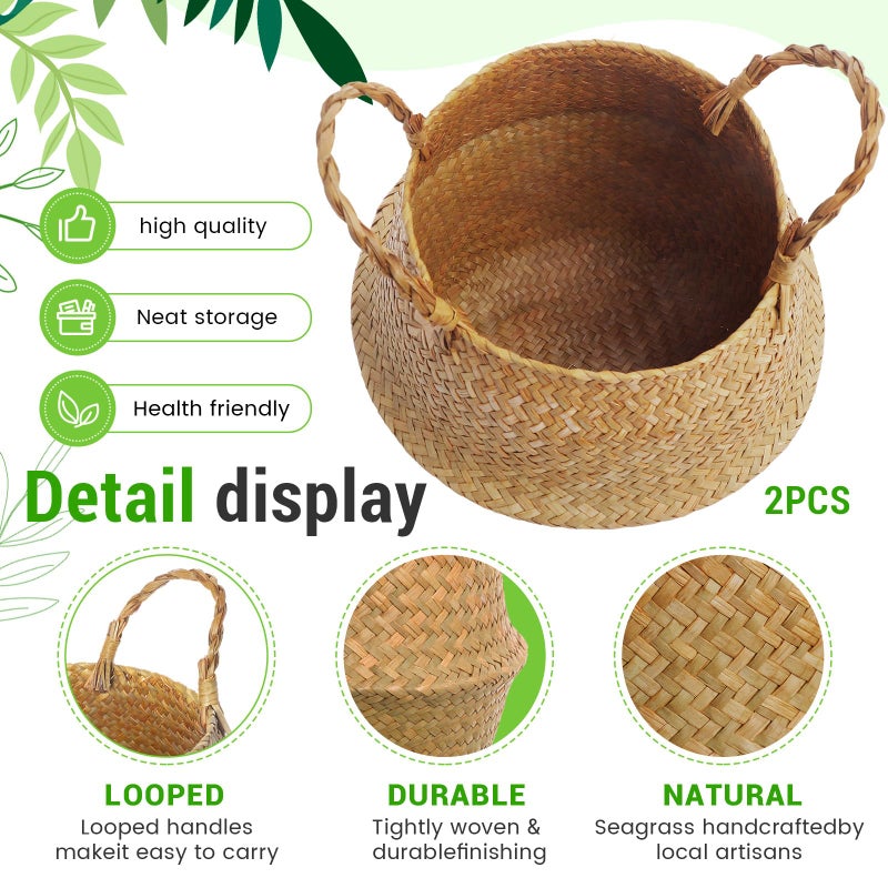 Knitgrip Large Wicker Plant Basket with Handle 10 Inch Woven Seagrass Belly Basket and Artificial Moss for House Plants Picnic Grocery Laundry Storage Home Decor(Large,Original,2 Pack) - Image 3