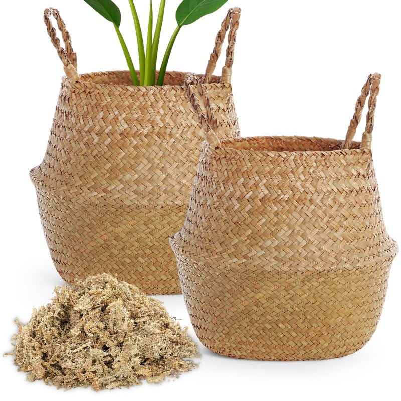 Knitgrip Large Wicker Plant Basket with Handle 10 Inch Woven Seagrass Belly Basket and Artificial Moss for House Plants Picnic Grocery Laundry Storage Home Decor(Large,Original,2 Pack) - Image 1