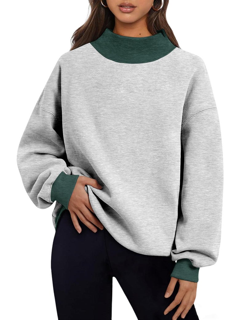 PRETTODAY Women's Oversized Sweatshirts Color Block Turtleneck Fleece Pullover Tops Long Sleeve Loose Fall Fashion Outfits Grey/Green - Image 1