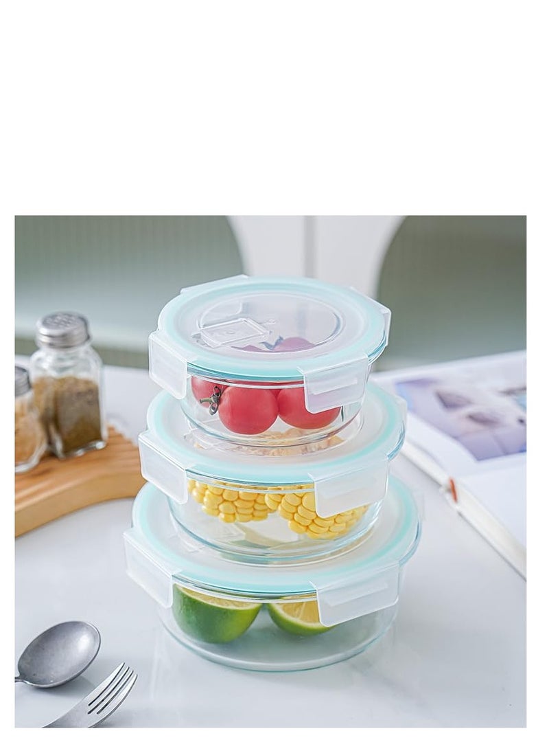Glass Meal Prep Containers (3 pcs Round) - Glass Food Storage Containers with Lids, Glass Lunch Box, Portion Control, Airtight, Glass Bento Box Lunch Containers- 3P Round Blue