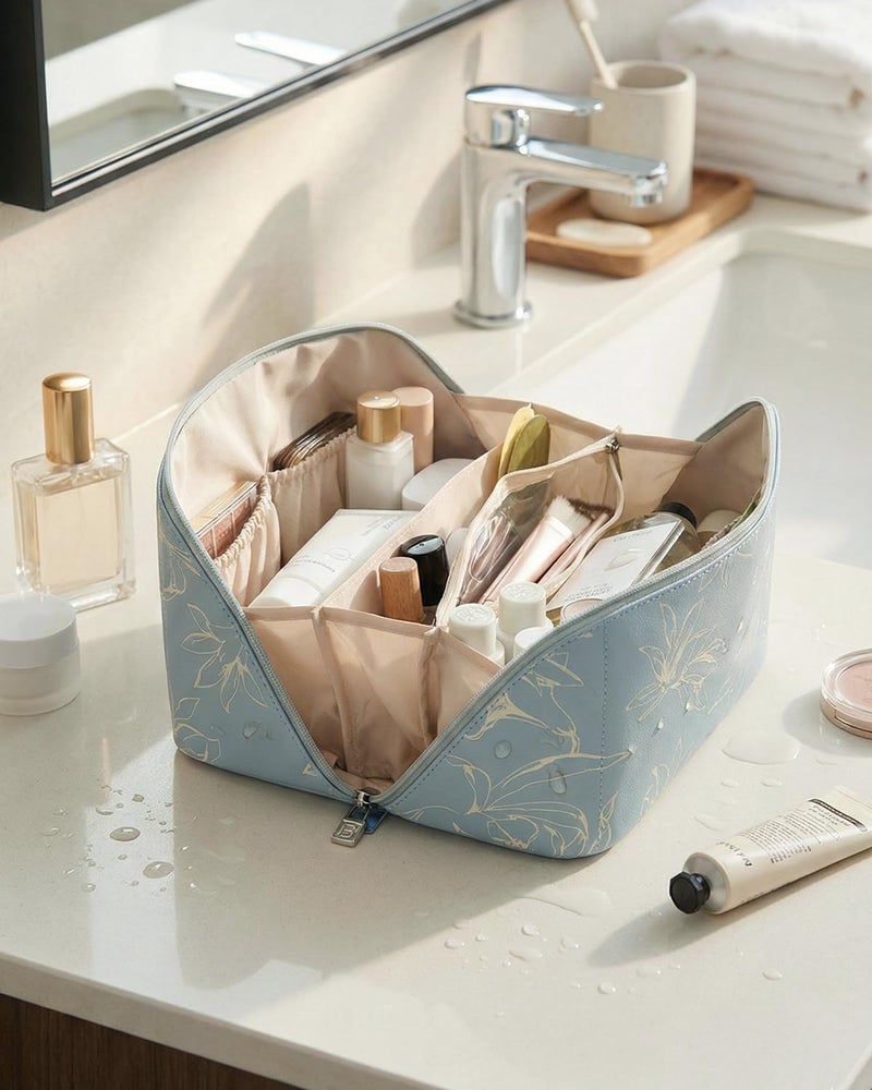 EACHY Travel Makeup Bag,Large Capacity Cosmetic Bags for Women,Waterproof Portable Pouch Open Flat Toiletry Bag Pattern Makeup Bag (F-Blue-Large) - Image 2