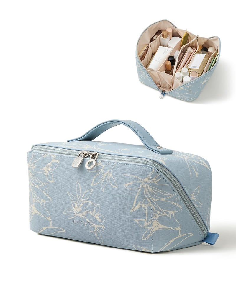 EACHY Travel Makeup Bag,Large Capacity Cosmetic Bags for Women,Waterproof Portable Pouch Open Flat Toiletry Bag Pattern Makeup Bag (F-Blue-Large) - Image 1