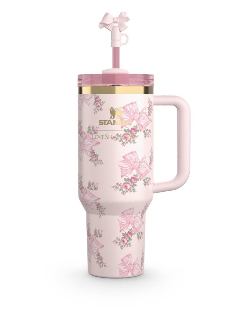 Stanley Love Shack Fancy H2.0 Flow State 40oz Pink Rose Tumbler, Stainless Steel Vacuum Insulated Quencher with Lid, Straw, and Stopper, Ideal for Water and Iced Tea, Keeps Drinks Cold, Presented in Elegant Gift-Ready Packaging - Image 1