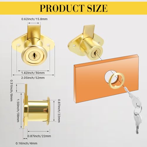 Yaocom 12 Set Cabinet Locks with Keys Fits 78 Inch Max Panel Thickness Includes 12 Gold Drawer Lock Brass Plated Office Mailbox File Cabinet Lock with 24 Keys Keyed Different - Image 3