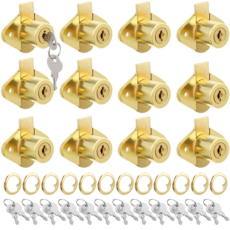 Yaocom 12 Set Cabinet Locks with Keys Fits 78 Inch Max Panel Thickness Includes 12 Gold Drawer Lock Brass Plated Office Mailbox File Cabinet Lock with 24 Keys Keyed Different - Image 2