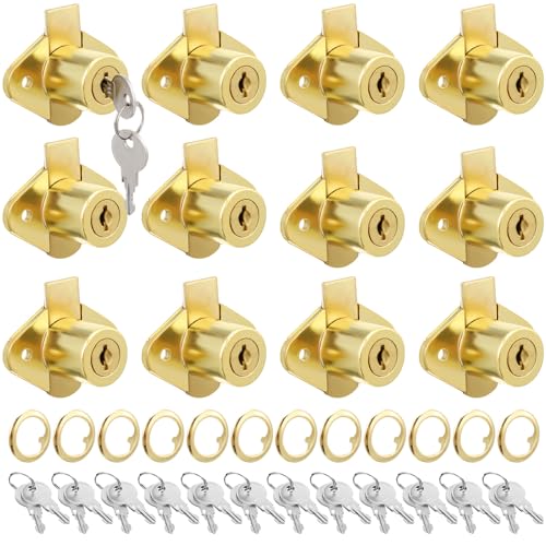 Yaocom 12 Set Cabinet Locks with Keys Fits 78 Inch Max Panel Thickness Includes 12 Gold Drawer Lock Brass Plated Office Mailbox File Cabinet Lock with 24 Keys Keyed Different - Image 1