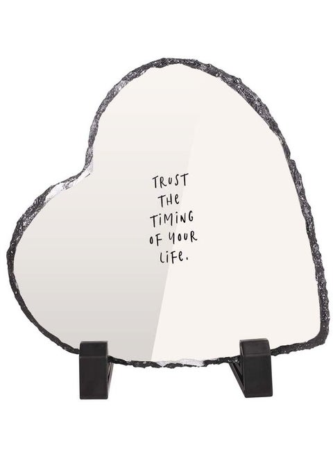 Protective Printed White Heart Shape Marble Photo Frame for Table Top Trust The Timing Of Your Life