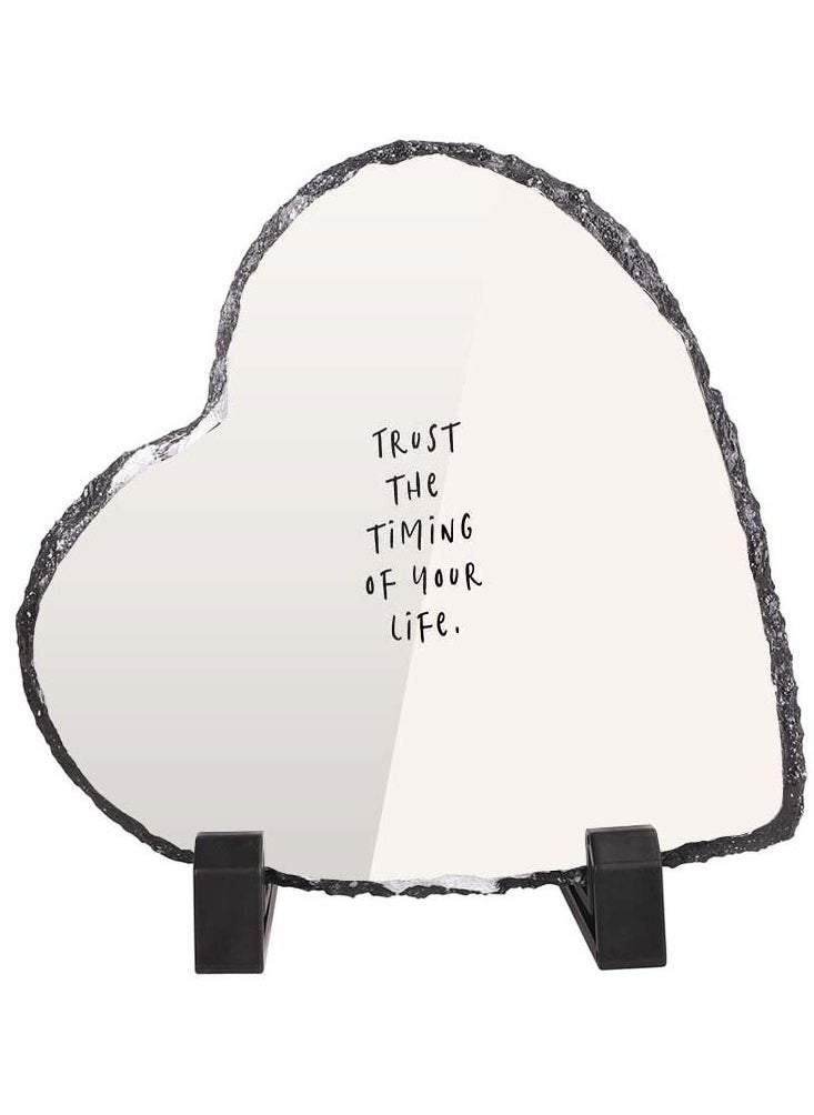 Protective Printed White Heart Shape Marble Photo Frame for Table Top Trust The Timing Of Your Life