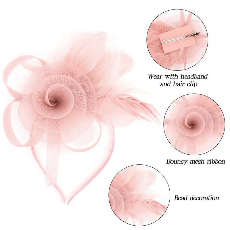 CAVETEE Fascinator for Women Tea Party, Fascinator Hat Headpiece and Lace Glove Set for Women 1920s Party (Style-1 Pink) - Image 3