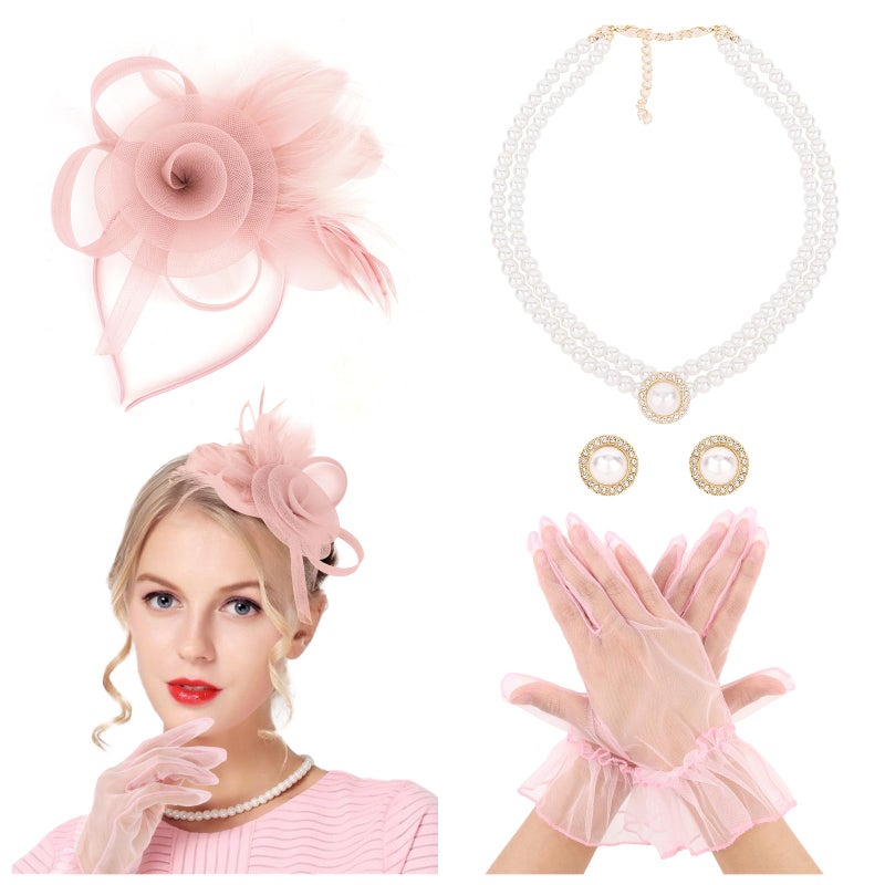 CAVETEE Fascinator for Women Tea Party, Fascinator Hat Headpiece and Lace Glove Set for Women 1920s Party (Style-1 Pink) - Image 1