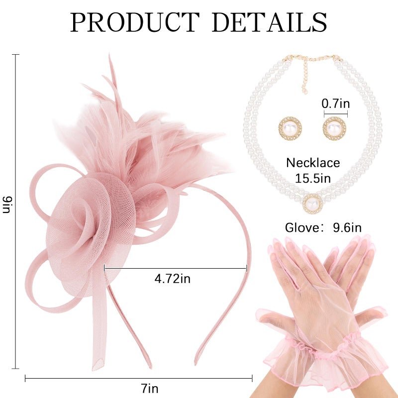 CAVETEE Fascinator for Women Tea Party, Fascinator Hat Headpiece and Lace Glove Set for Women 1920s Party (Style-1 Pink) - Image 4