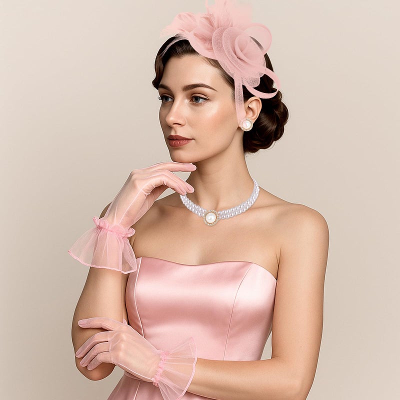 CAVETEE Fascinator for Women Tea Party, Fascinator Hat Headpiece and Lace Glove Set for Women 1920s Party (Style-1 Pink) - Image 2