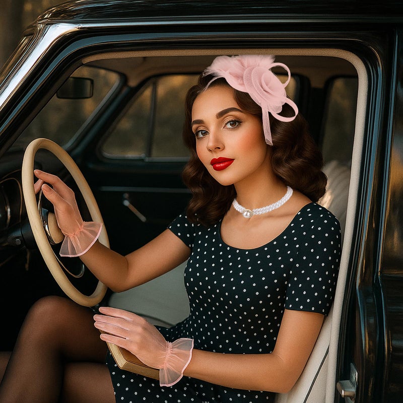 CAVETEE Fascinator for Women Tea Party, Fascinator Hat Headpiece and Lace Glove Set for Women 1920s Party (Style-1 Pink) - Image 5