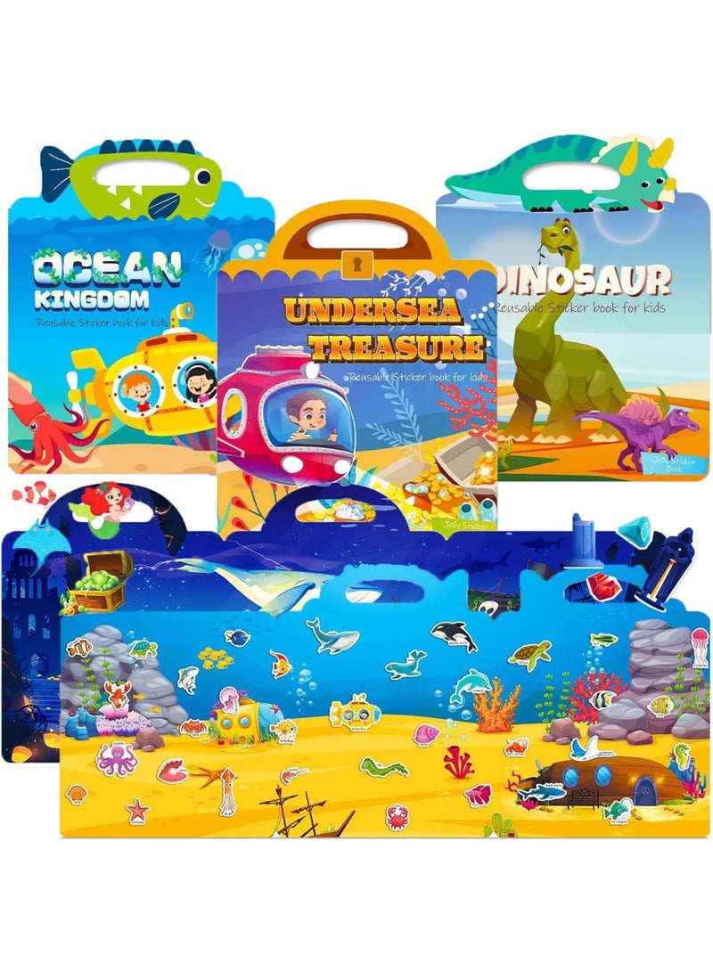 Zikra 3 Set Sticker Books for Kids 2-4, 3D Reusable Jelly Activities Stickers Books for Toddler(Ocean Kingdom+Green Dinosaur+Underwater Treasure) - Image 1