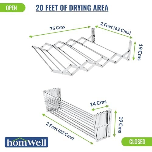 homWell Heavy Duty Stainless Steel 10 Pipe X 2 Feet Foldable Wall Mounted Clothes Drying Stand for Balcony Cloth Dryer Stand Towel Rack Clothes Stand for Drying - Image 2
