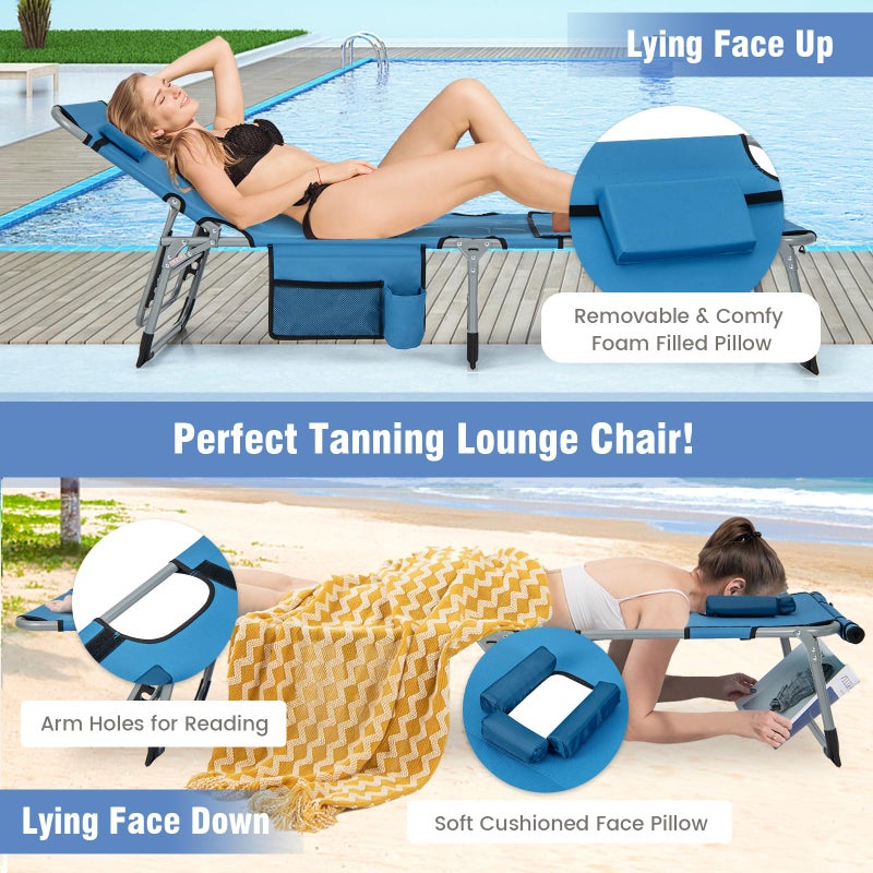 GYMAX Tanning Chair, 330LBS Beach Lounge Chair with Face Arm Hole & Hand Shoulder Strap, Folding Layout Sunbathing Chair, Face Down Outdoor Chaise Lounger for Patio, Poolside, Lawn, Backyard (1, Blue) - Image 2