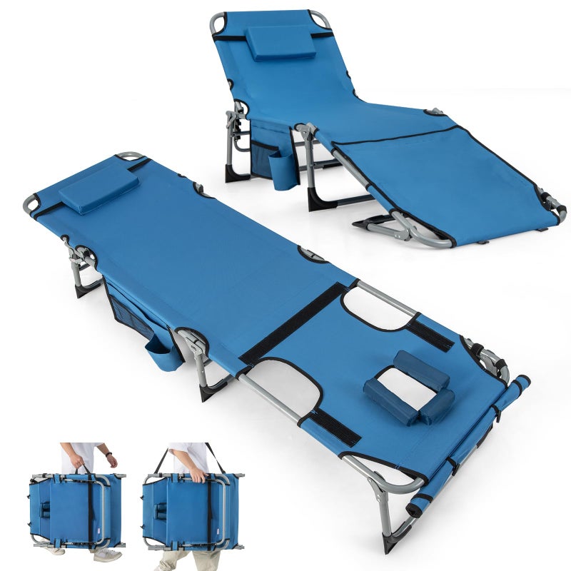 GYMAX Tanning Chair, 330LBS Beach Lounge Chair with Face Arm Hole & Hand Shoulder Strap, Folding Layout Sunbathing Chair, Face Down Outdoor Chaise Lounger for Patio, Poolside, Lawn, Backyard (1, Blue) - Image 1