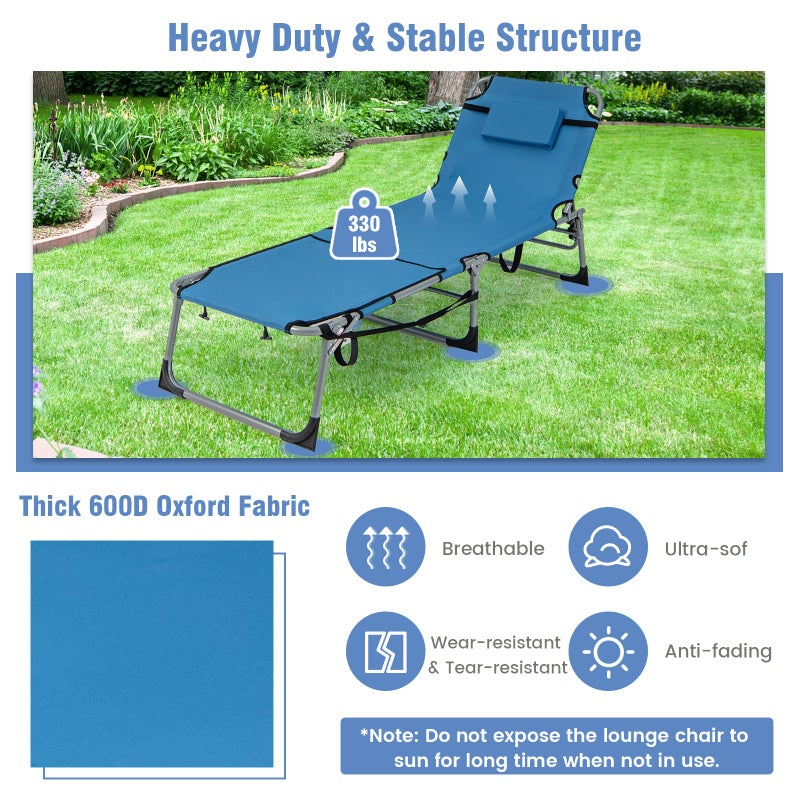 GYMAX Tanning Chair, 330LBS Beach Lounge Chair with Face Arm Hole & Hand Shoulder Strap, Folding Layout Sunbathing Chair, Face Down Outdoor Chaise Lounger for Patio, Poolside, Lawn, Backyard (1, Blue) - Image 5