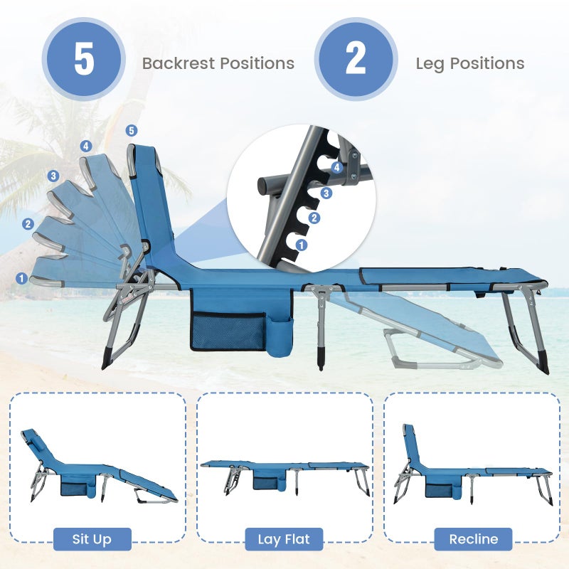 GYMAX Tanning Chair, 330LBS Beach Lounge Chair with Face Arm Hole & Hand Shoulder Strap, Folding Layout Sunbathing Chair, Face Down Outdoor Chaise Lounger for Patio, Poolside, Lawn, Backyard (1, Blue) - Image 3