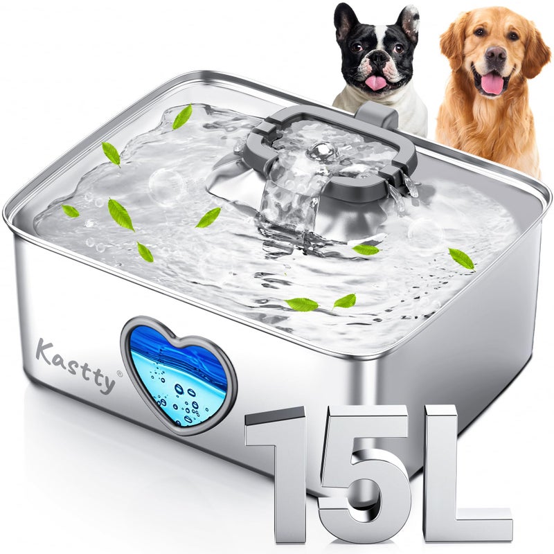 Kastty 15L/4Gal Dog Water Fountain, Stainless Steel Pet Water Bowl Dispenser with Visual Window, Automatic Dual-Color LED, 5-Stage Filtration, Ultra Quiet, for Large Medium Dogs & Multi-pet, FS80 - Image 1