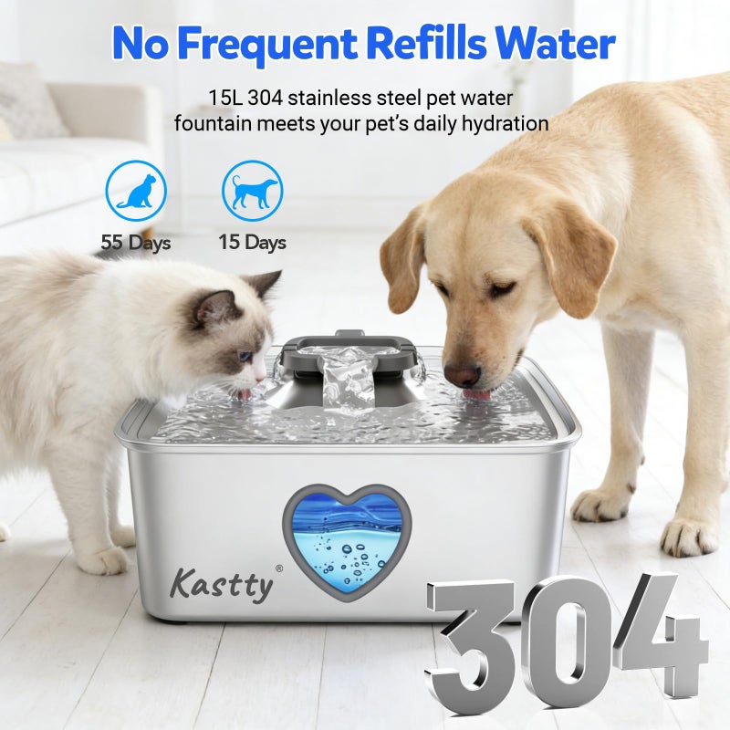 Kastty 15L/4Gal Dog Water Fountain, Stainless Steel Pet Water Bowl Dispenser with Visual Window, Automatic Dual-Color LED, 5-Stage Filtration, Ultra Quiet, for Large Medium Dogs & Multi-pet, FS80 - Image 2
