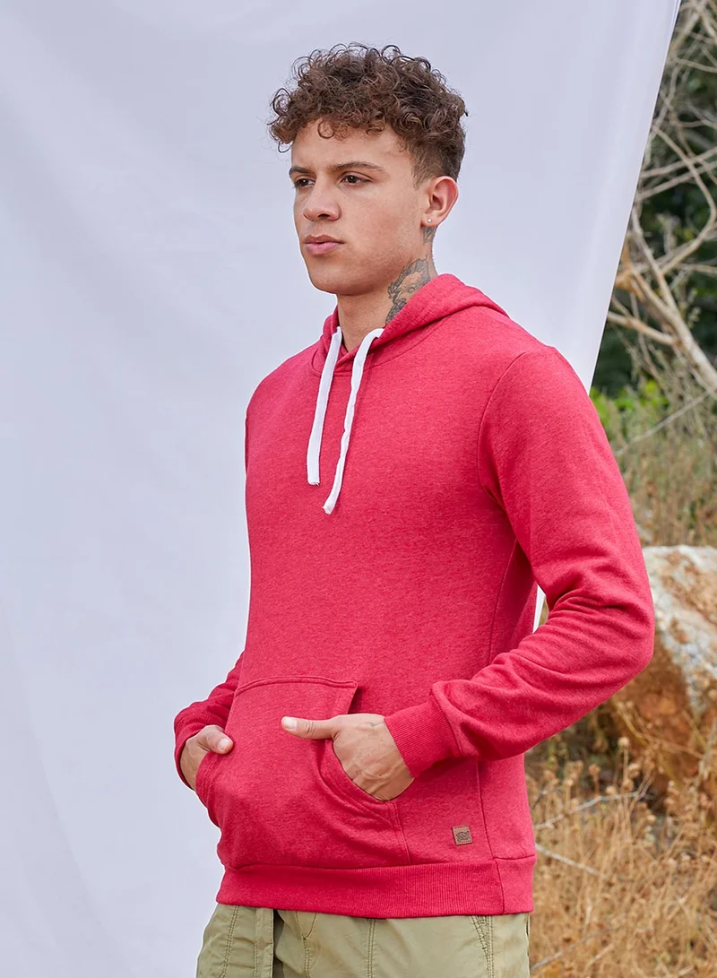 Campus Sutra Men's Red Pullover Hoodie With Contrast Drawstring