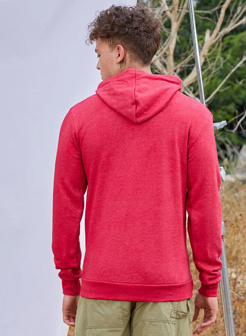 Campus Sutra Men's Red Pullover Hoodie With Contrast Drawstring