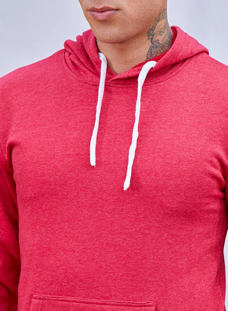Campus Sutra Men's Red Pullover Hoodie With Contrast Drawstring