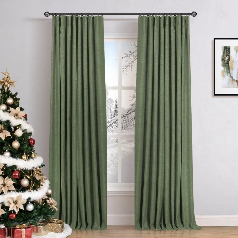 INOVADAY 100% Blackout Curtains for Bedroom, Black Out Curtains 96 Inch Long, Clip Rings Linen Blackout Drapes, Thermal Insulated Room Darkening for Living Room, 2 Panels - Moss Green,W50xL96 - Image 1
