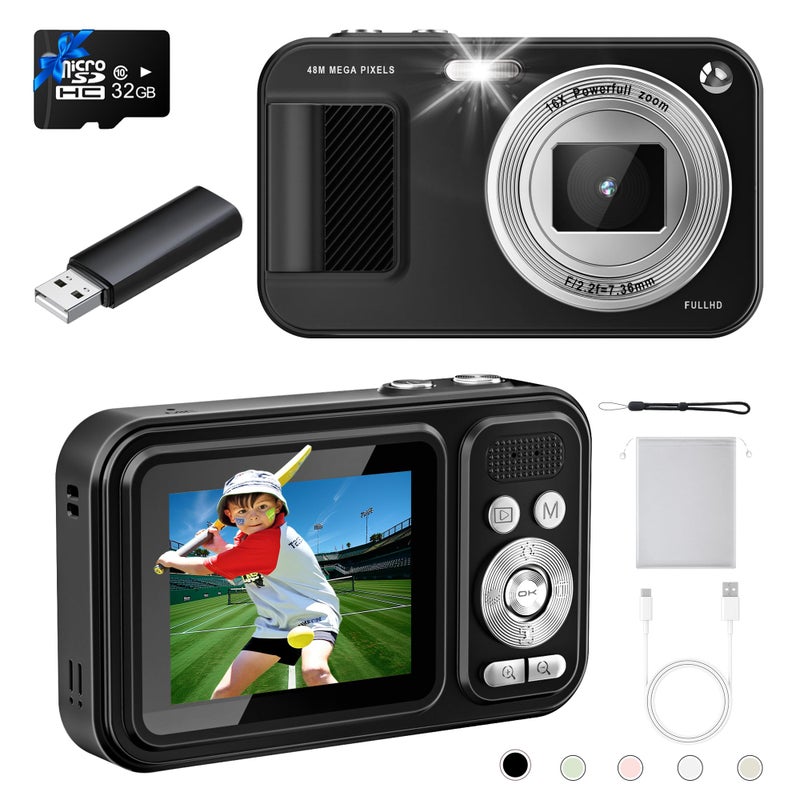 JVSCAM Digital Camera, Autofocus 48MP Kids Camera, FHD 1080P Point and Shoot Digital Cameras with 32GB Card, 16X Zoom Anti-Shake, Compact Camera with 1500mAh Batteries for Boys Girls Teens - Image 1
