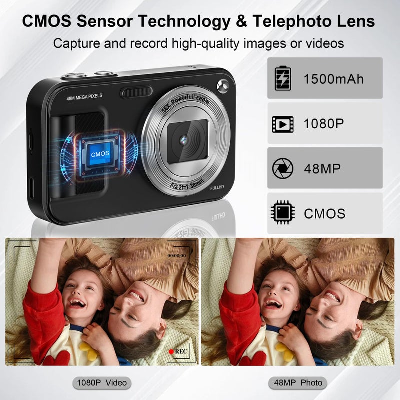 JVSCAM Digital Camera, Autofocus 48MP Kids Camera, FHD 1080P Point and Shoot Digital Cameras with 32GB Card, 16X Zoom Anti-Shake, Compact Camera with 1500mAh Batteries for Boys Girls Teens - Image 3