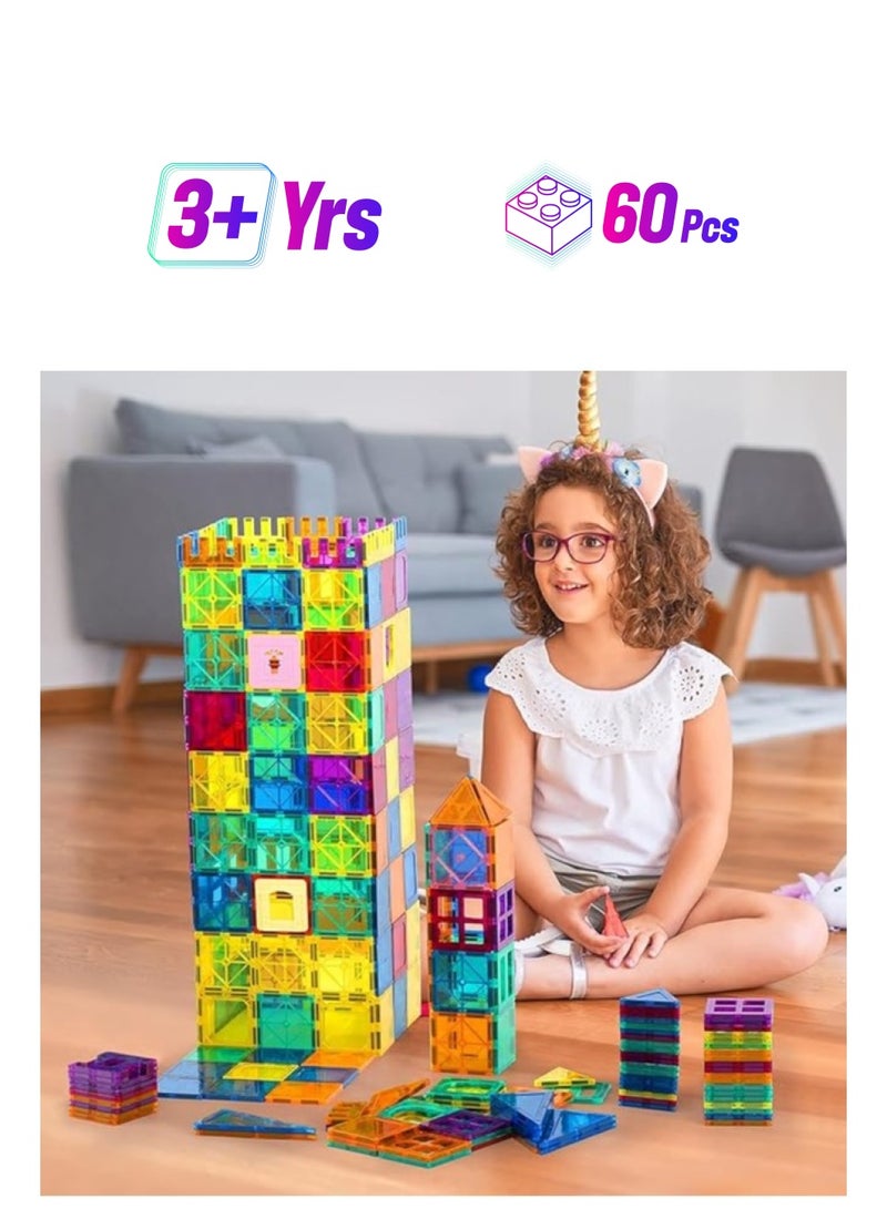 Magnetic Building Tiles - 60 Pcs Set of Vibrant 3D Blocks, Encourages Creative Construction, Promotes Educational Brain Development, Stimulates Imagination, STEM Toy for Kids 3+ Years - Image 1