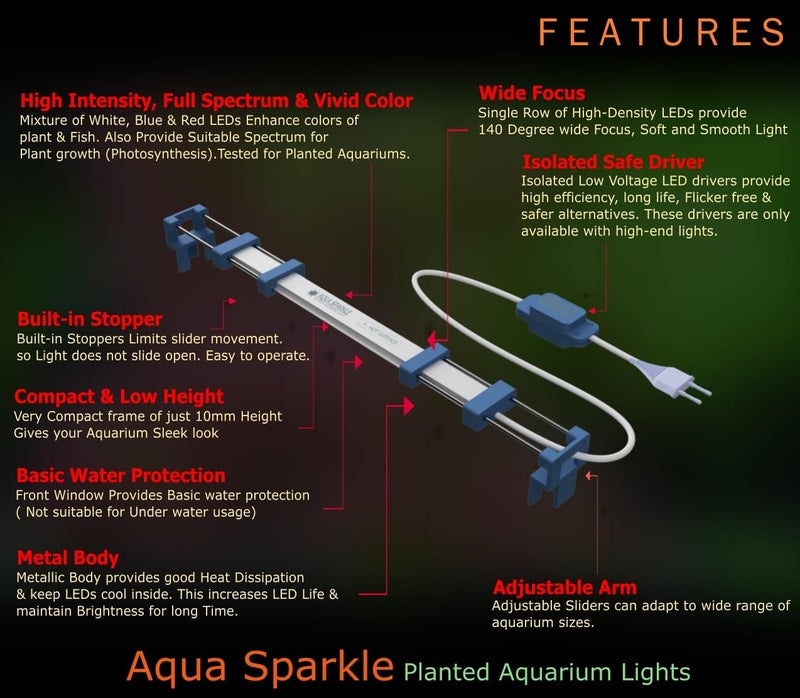 Aqua Sparkle إضاءة شريط LED لحوض السمك المزروع | سطوع عالي | مناسبة لحوض السمك | طول الإضاءة - 2 قدم، قابلة للتعديل إلى 2.5 قدم، الطاقة - 16 واط، اللون - (أبيض + أزرق + أحمر) - Image 2