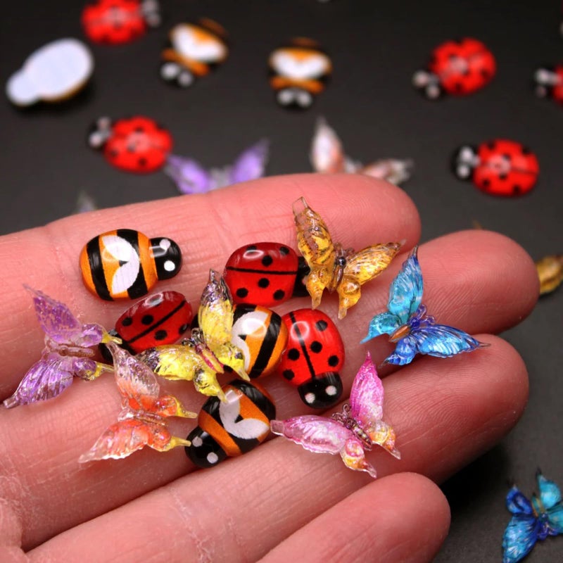 Peachcor Miniature Micro Resin Ladybug Butterfly Bee set, Dollhouse Miniature Flatback Cabochon Bugs, for Spring Fairy Garden, Terrarium, Scrapbook, Nail Art, Mini Micro Landscaping Decoration (32 PCS) - Image 1