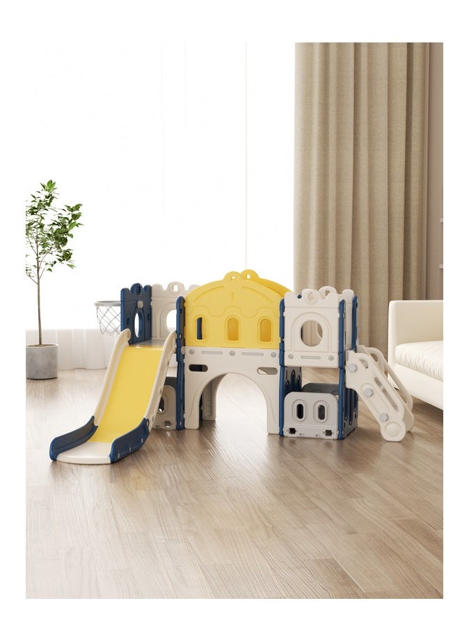 FULL JOY - Tower-Shaped Slide And Swing With Bridge + Ball Frame And Basketball + Walkway (Unenclosed) - Image 1