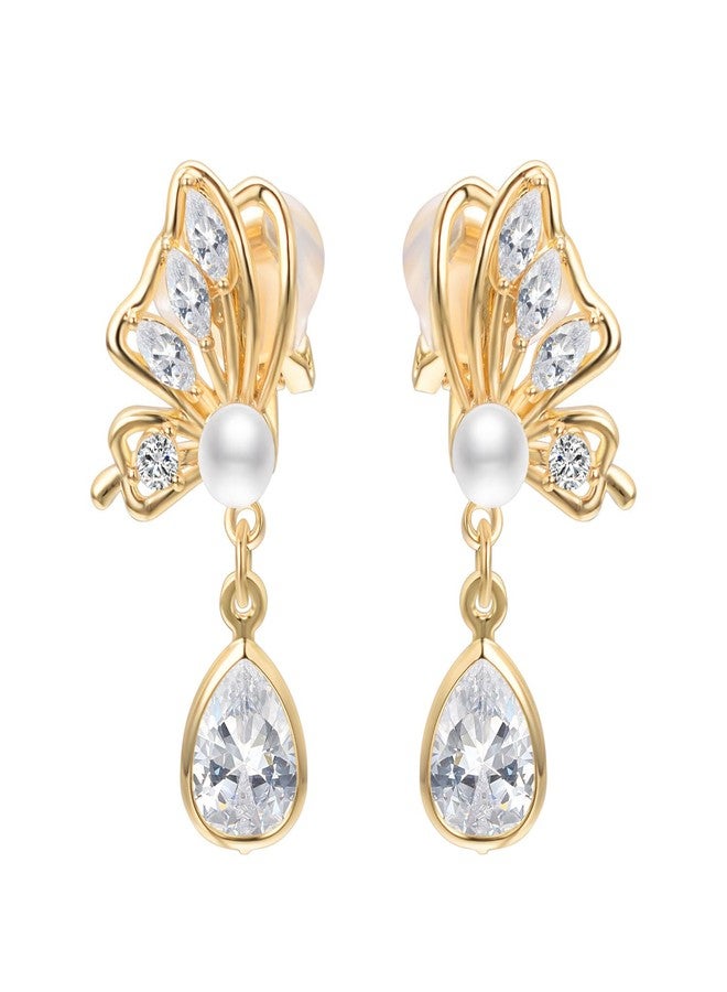 Yoursfs Pearl Butterfly Dangle Clip on Earrings for Women Rhinestone Teardrop Earrings - Image 1