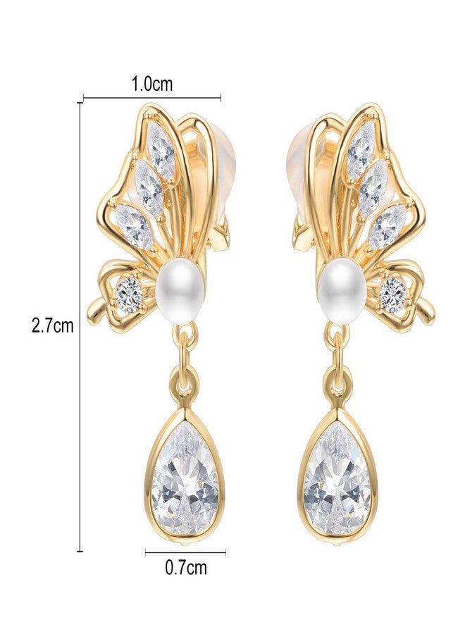 Yoursfs Pearl Butterfly Dangle Clip on Earrings for Women Rhinestone Teardrop Earrings - Image 2