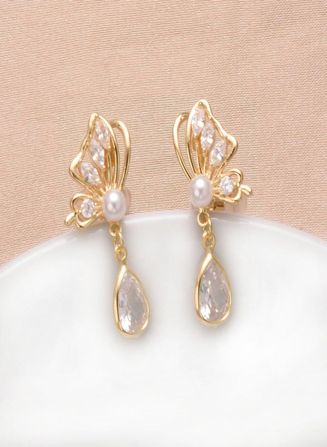 Yoursfs Pearl Butterfly Dangle Clip on Earrings for Women Rhinestone Teardrop Earrings - Image 3