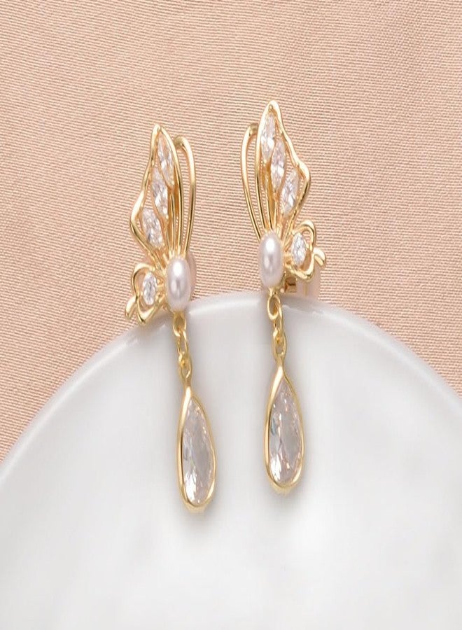 Yoursfs Pearl Butterfly Dangle Clip on Earrings for Women Rhinestone Teardrop Earrings - Image 5