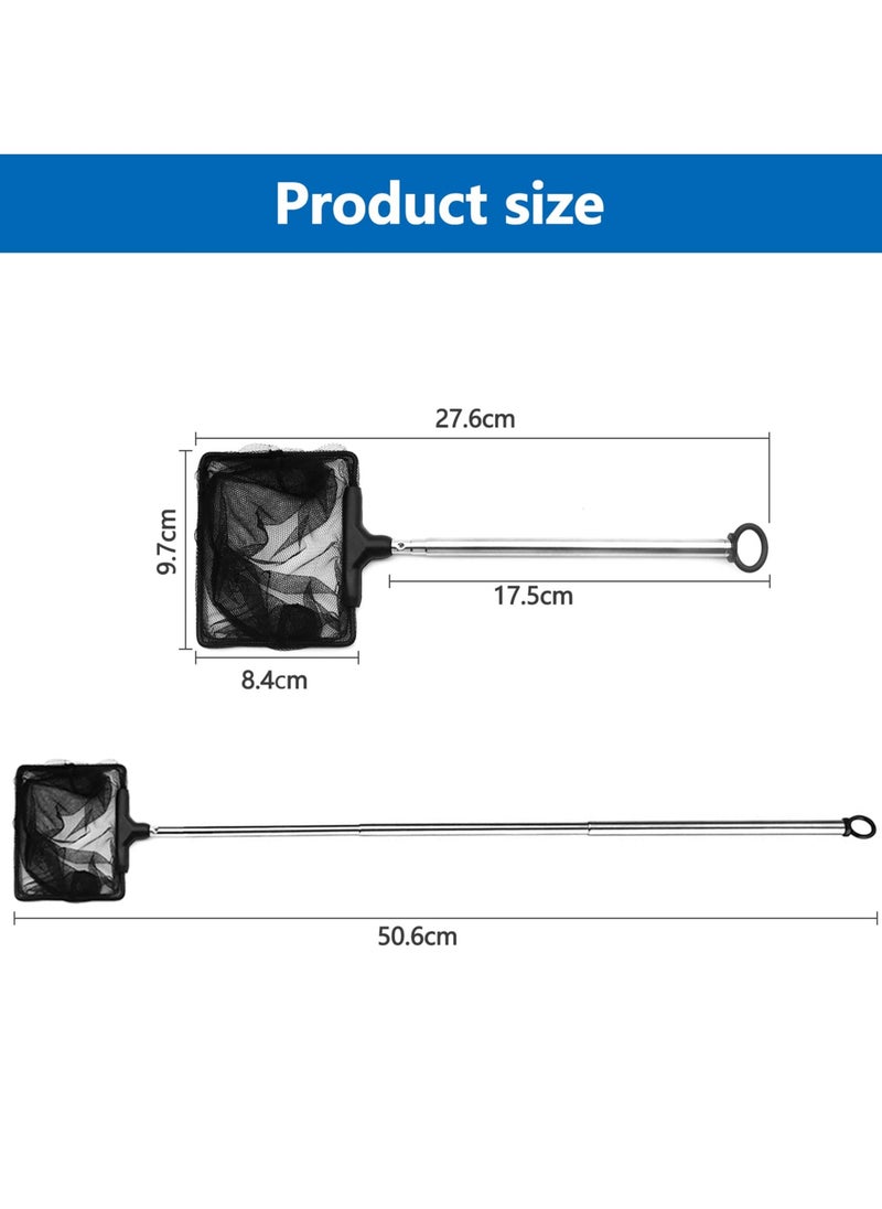 Telescopic Aquarium Fish Net 5 Inch Nylon Fine Mesh Net with Extendable 19.5-42.5cm Long Handle for Fish Tanks and Pools 8x10cm Net Size