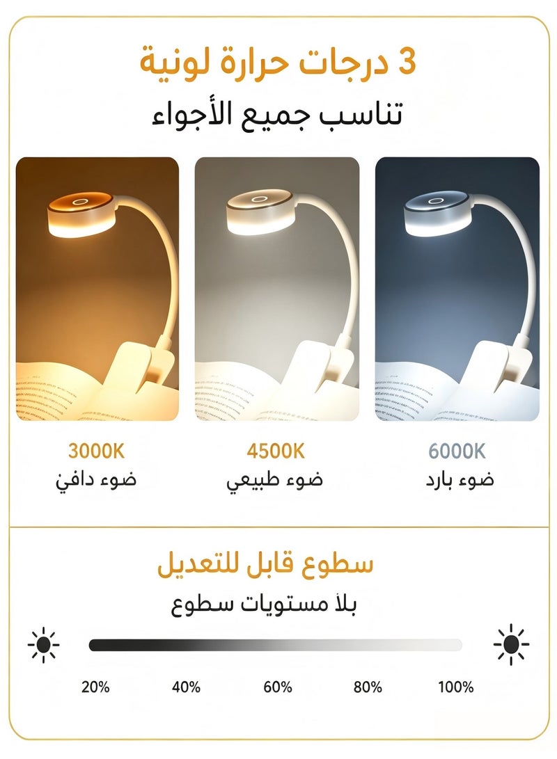 BlueHole Rechargeable Clip‑on Book Reading Light, LED Eye‑Friendly Mini Desk Lamp, 3 Color Temperatures & Long Battery Life - Image 4