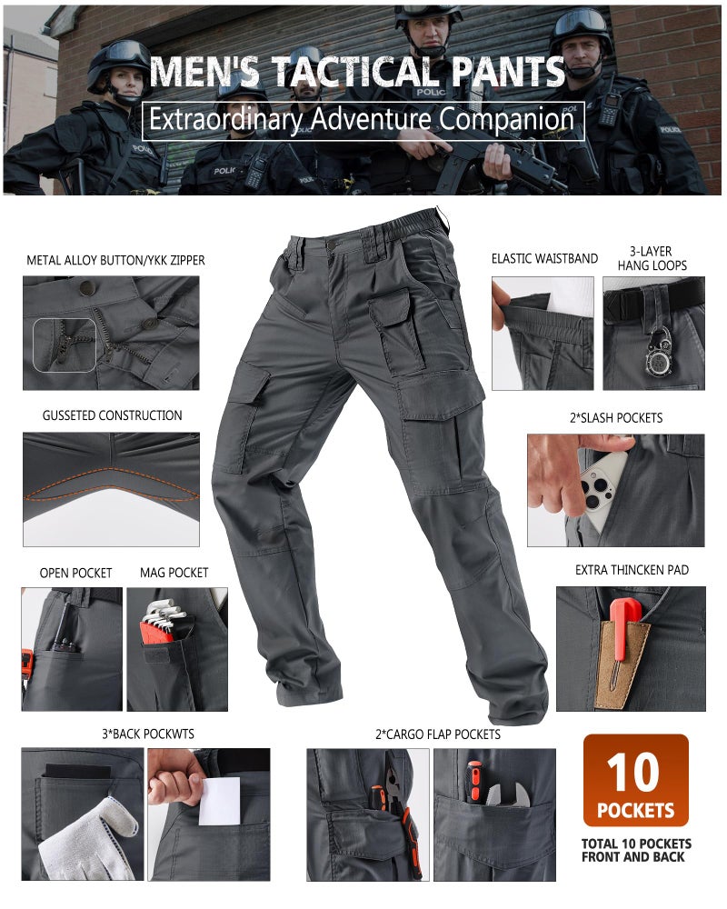 IGOLUMON Men's Stretch Tactical Pants, Ripstop Cargo Pants Outdoor Lightweight EDC Hiking Work Pants with 10 Pockets,Grey - Image 3
