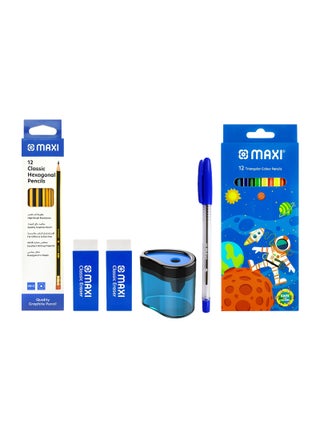 Writing Set: Colour Pencils (12 Colours), 12 Graphite Pencil Pack, Dust-Free Eraser, Plastic Sharpener, Ball Pen