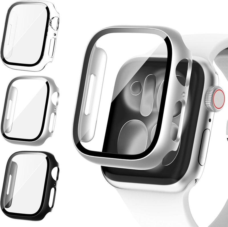 FULLIFE 3 Pack Screen Protector 40mm Compatible for Apple Watch Series 6/5/4/SE(2025-2020) with 9H Tempered Glass,Overall Shockproof Cover Protective Case for iWatch 40mm(Black/Silver/Transparent) - Image 1