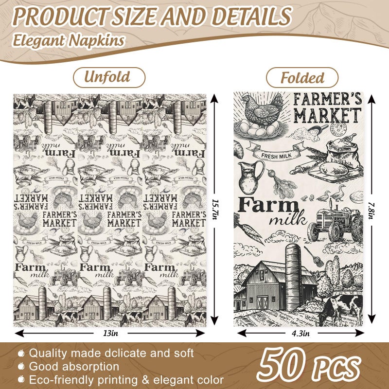 FYSUIMU FYSUIMU 50Pcs Milk Farm Guest Napkins Cow House Disposable Paper Napkins Vintage Dinner Hand Napkins for Party Supplies Table Decor  - Image 2
